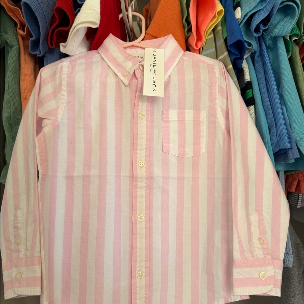 Janie and Jack NWT 3T Pink white Oxford Striped Kids toddler button cotton Shirt